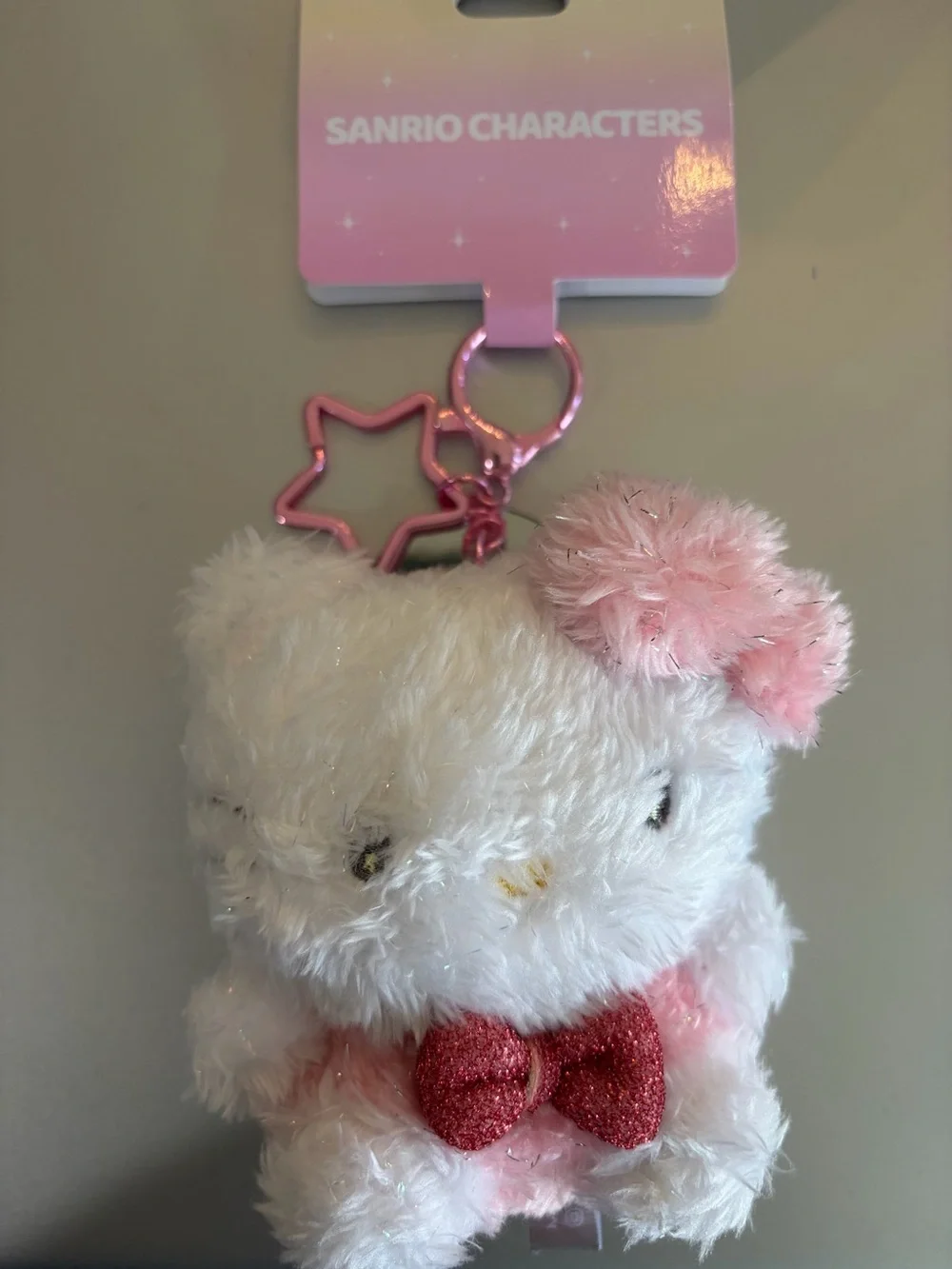 Hello kitty White & Pink Plush Keychain with Glitter Bow